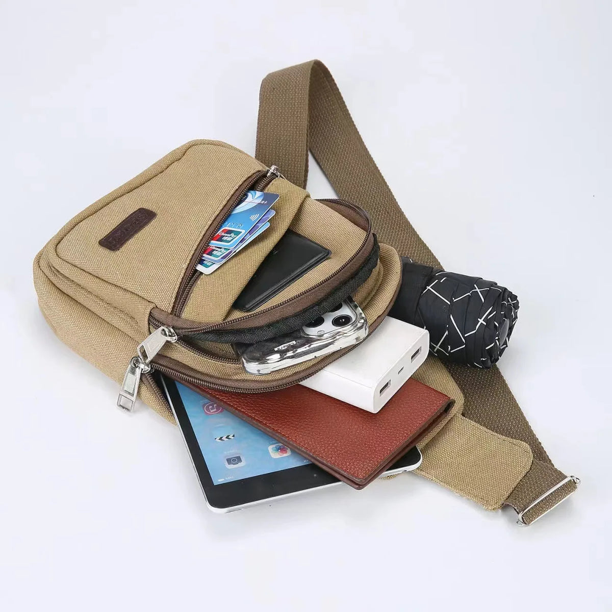 Men'S Chest Bag Retro Canvas Waterproof Shoulder Bag Large Capacity Multi Pocket Crossbody Bag Outdoor Sports Travel Chest Pack