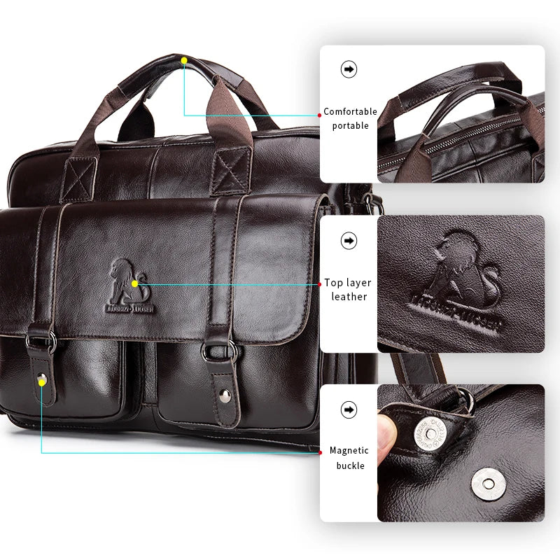 Genuine Leather Men's Briefcase with Double Front Pockets, Large Capacity Computer Bag, Diagonal Cross Handbag