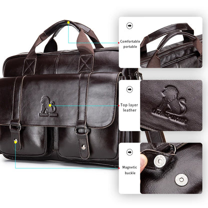 Genuine Leather Men's Briefcase with Double Front Pockets, Large Capacity Computer Bag, Diagonal Cross Handbag