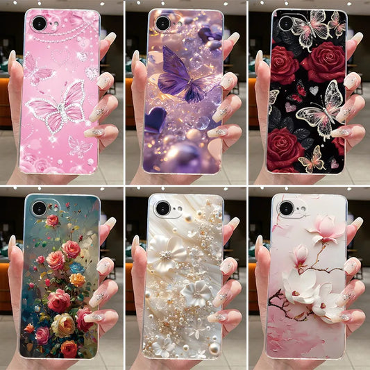 For iPhone 16e Case Clear Luxury Fashion Butterfly Flowers Soft TPU Silicone Jelly Back Cover for Apple iPhone 16e Phone Case