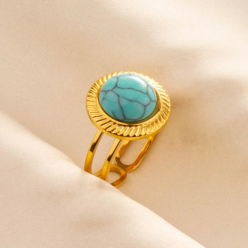 Turquoise Finger Jewelry Long Oval Sun Heart Water Drop Stainless Steel Rings For Women Men Accessories Gold Plated Open Anillos