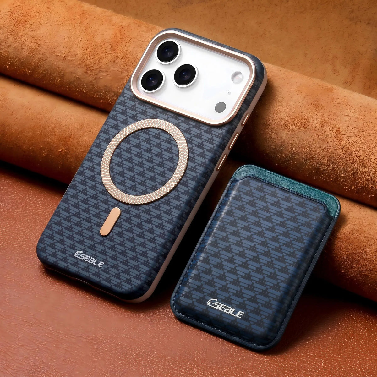ESEBLE Detachable Magnetic Card Holder Phone Case For iPhone 18 17 16 Pro Max Luxury Vintage Woven Pattern PU Leather MagSafe Wa