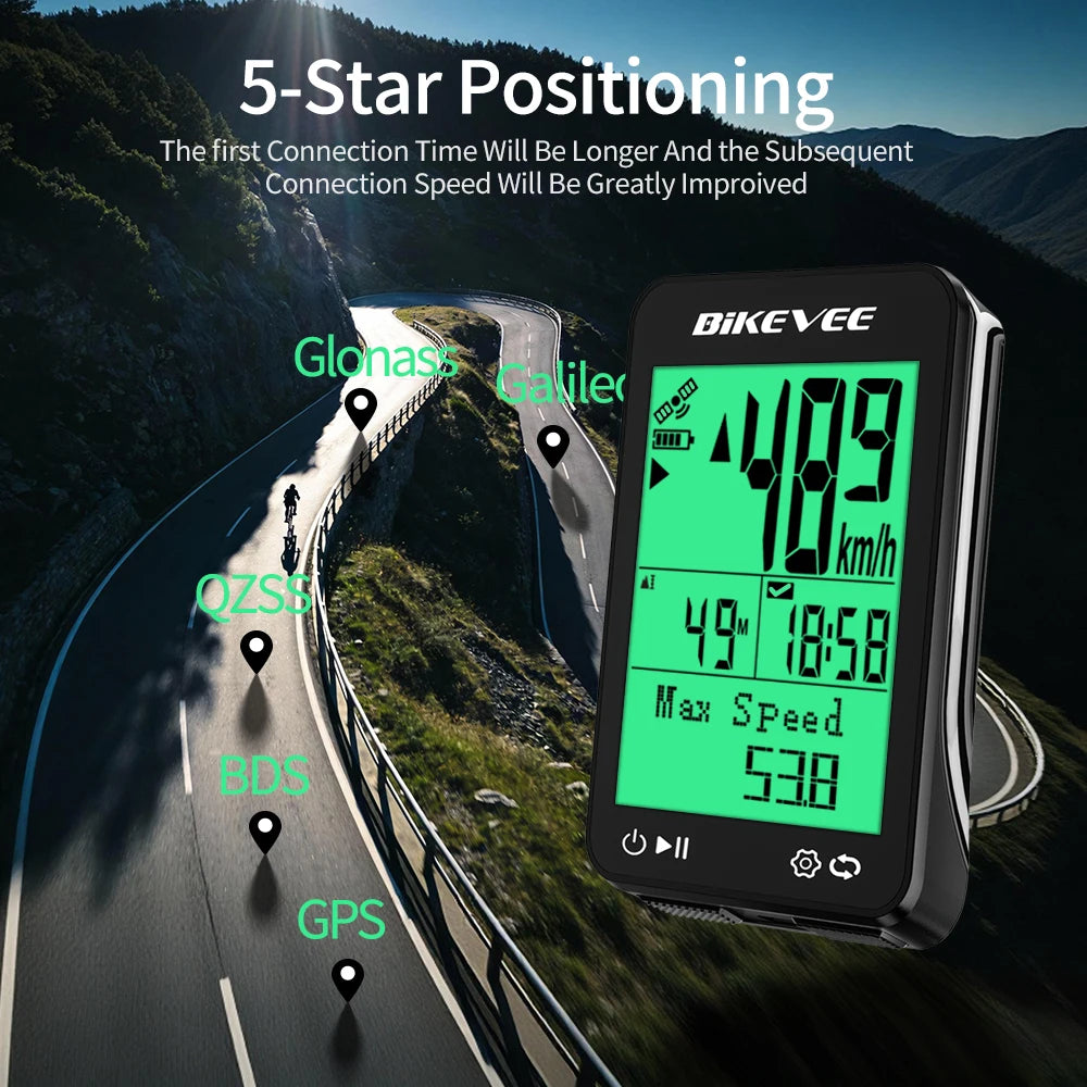 BIKEVEE 8 Kinds Multi-Language Wireless Bike Speedometer GPS Cycling Computer with Auto Backlight and Stand Waterproof Outdoor Bicycle Odometer Stopwatch Measurement Positioning MTB Road Tracker Bike Accessories