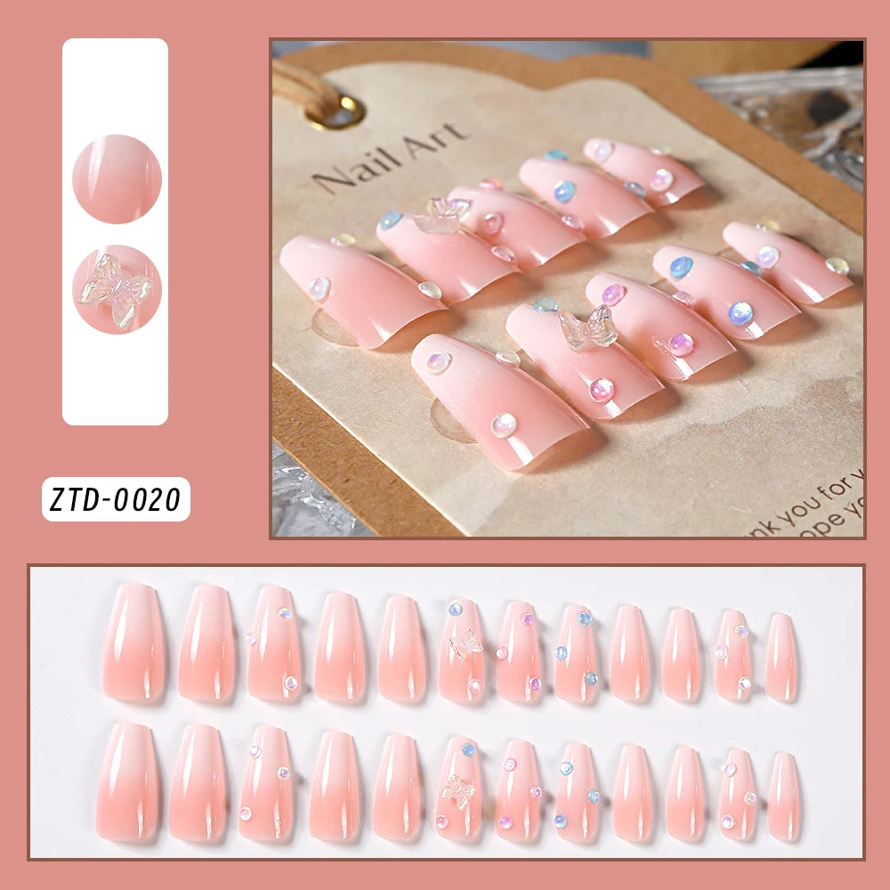24Pcs Black Glossy Halloween Almond Fake Nails – Gradient French Press-on Nails with Rose, Heart & Skull Designs