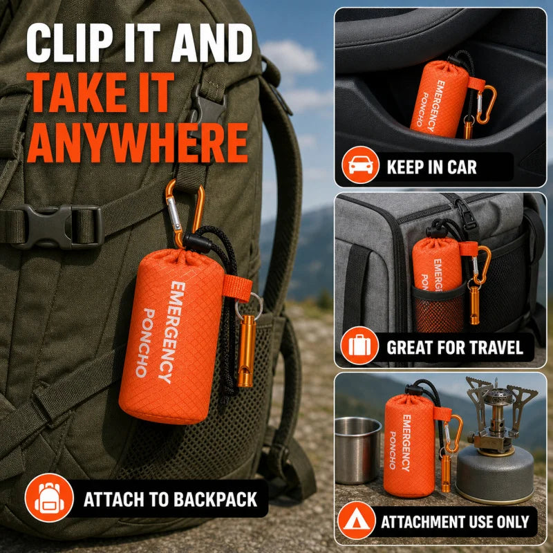 Emergency Rain Poncho Kit Waterproof Hooded Raincoat Portable Rain Cover With Pouch Whistle Carabiner For Camping Hiking