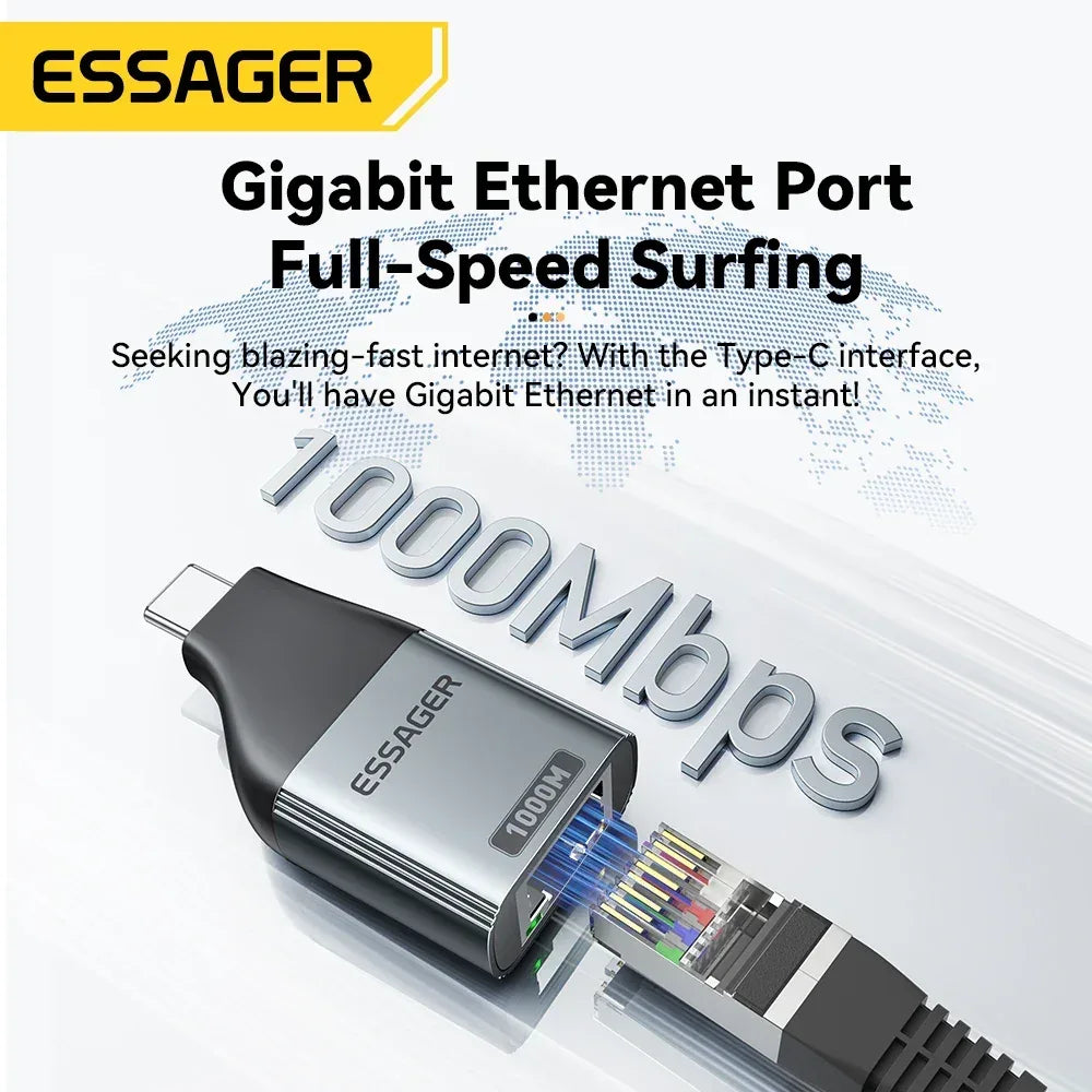 Essager Type-C to Ethernet Adapter 100/1000Mbps Gigabit High-Speed RJ45 To Type-c Adapter For MacBook Laptop Wired Network Card - Urbizia