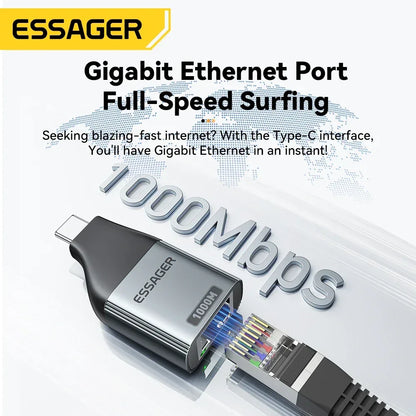 Essager Type-C to Ethernet Adapter 100/1000Mbps Gigabit High-Speed RJ45 To Type-c Adapter For MacBook Laptop Wired Network Card - Urbizia