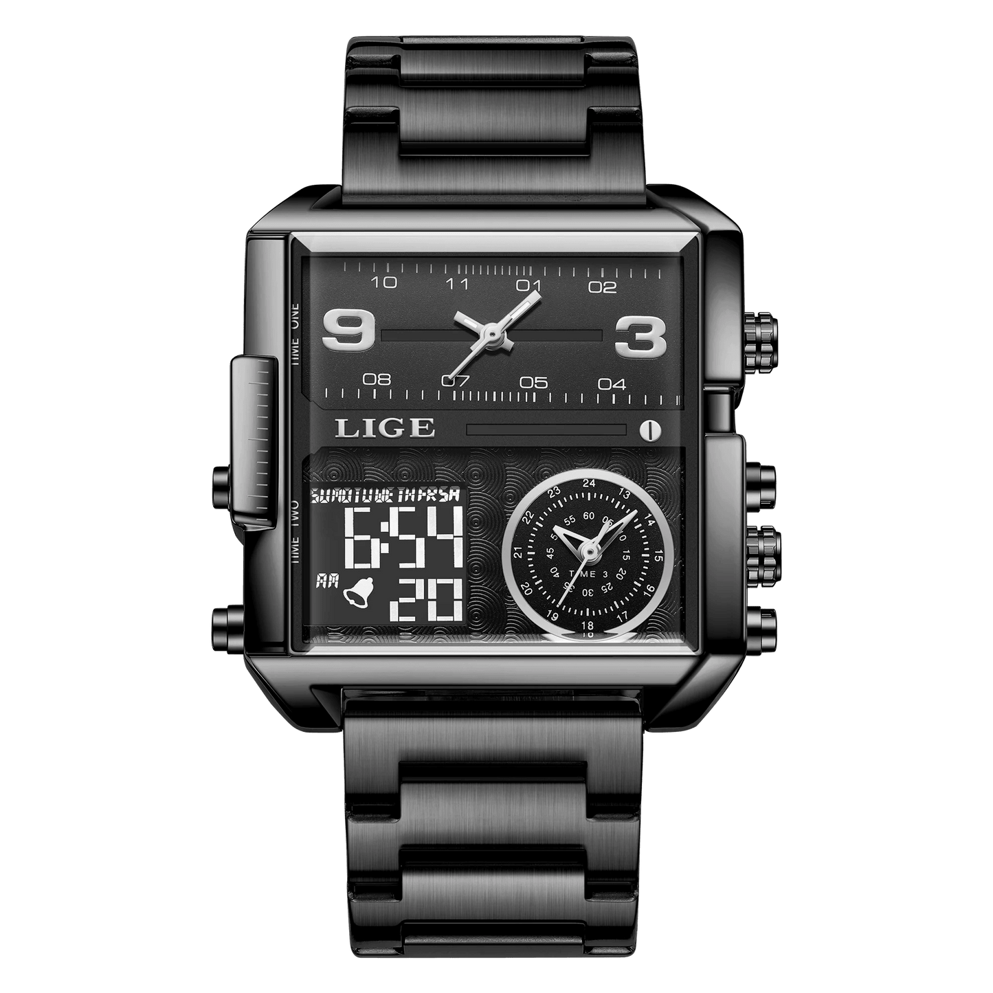 LIGE New Top Brand Luxury Fashion Men Watches Gold Steel Sports Square Digital Analog Big Quartz Watch for Man relogio masculino