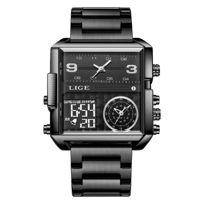 LIGE New Top Brand Luxury Fashion Men Watches Gold Steel Sports Square Digital Analog Big Quartz Watch for Man relogio masculino