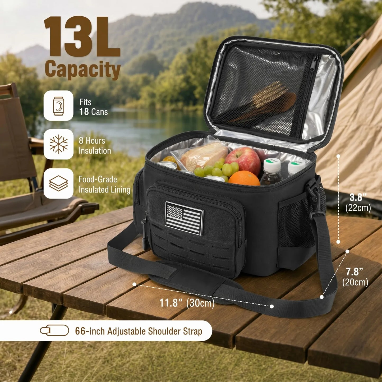 13L Tactical Thermal Cooler Lunch Bag Leakproof Insulated Durable Meal Storage Bag For Men Office Work Daily Commute Camping Picnic Fishing Outdoor Portable Insulated Food Carrier Bag