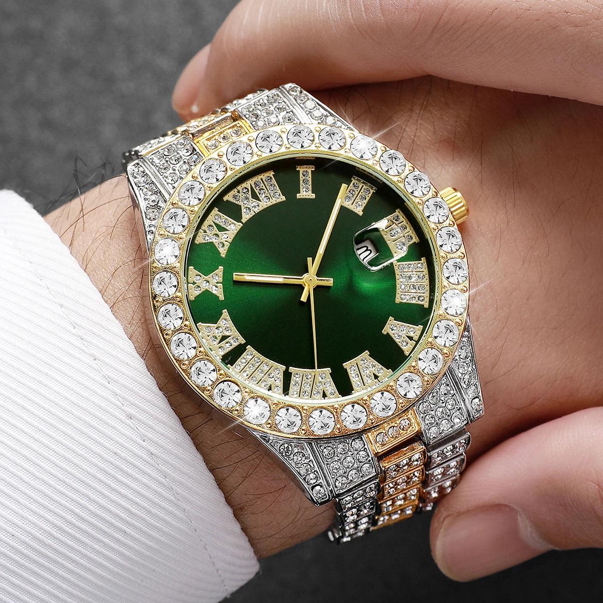 Luxury Full Diamond Men Calendar Quartz Watch Fashion Stainless Steel Band Male Quartz Wristwatches Date Clock Reloj Hombre