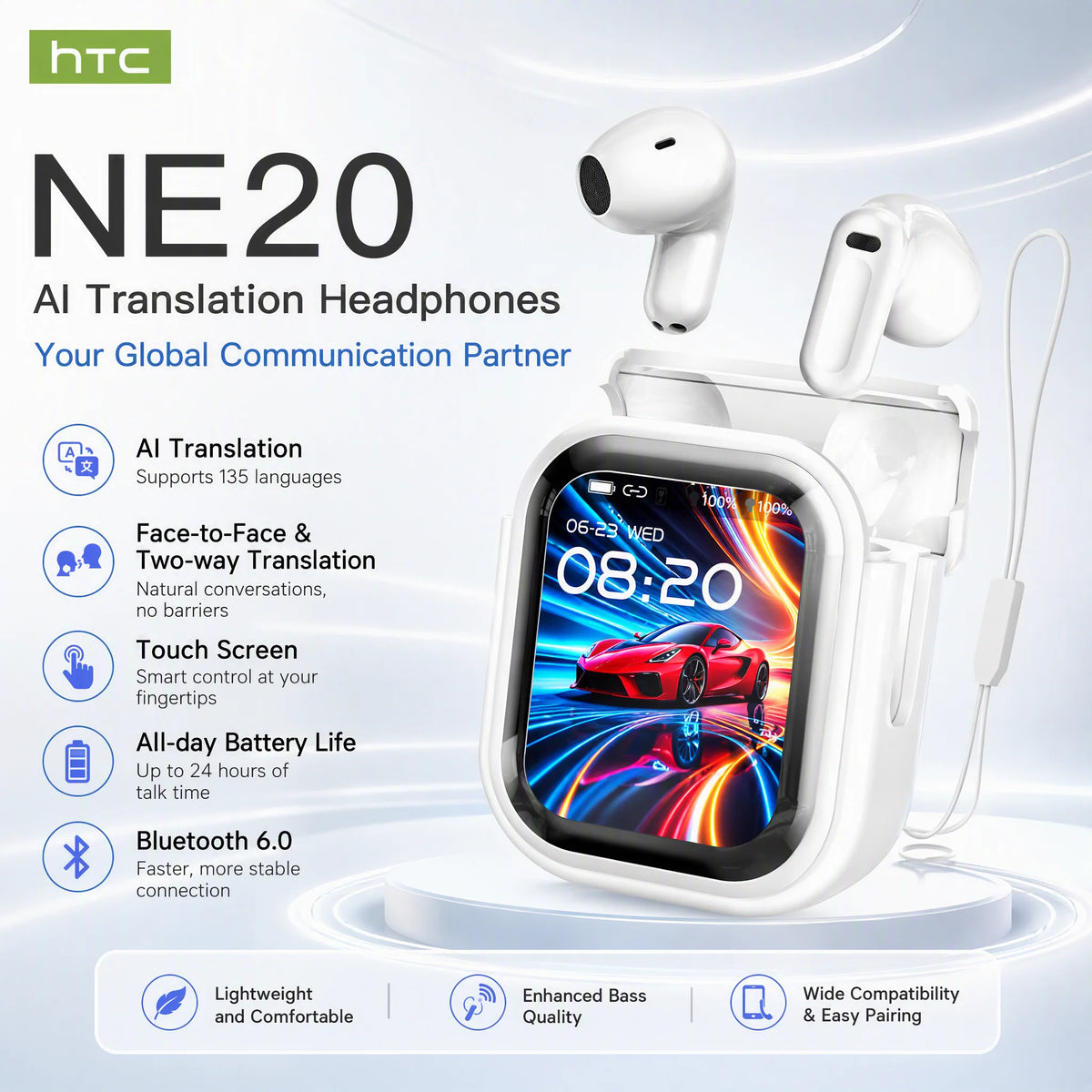 HTC NE20 AI Translator Earbuds Portable Lanyard Long Battery Wireless Headphone Smart Touch LED Screen Bluetooth Earphones