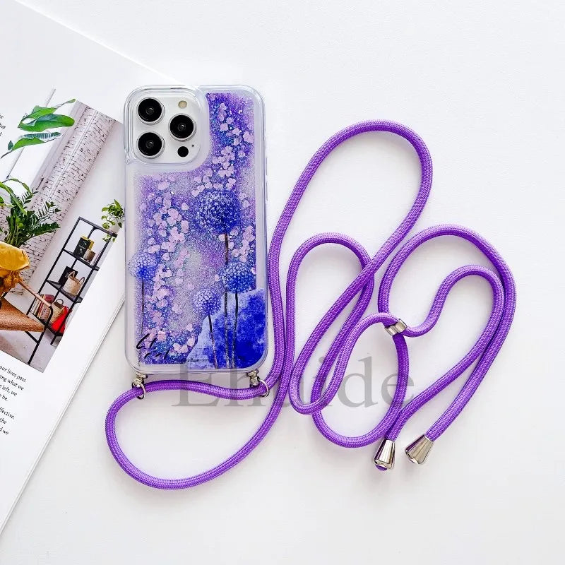 Quicksand Strap Case For Samsung Galaxy S26 Ultra S24 S23 S25 Plus S21 S22 S20 FE Liquid Glitter Flower Crossbody Lanyard Cover