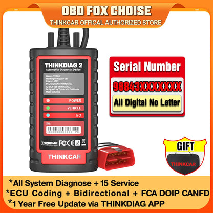 ThinkDiag 2 ALL software 1 Year Free Update Auto Diagnostic tool support CAN FD ECU Coding Active Test 16 reset OBD2 Scanner