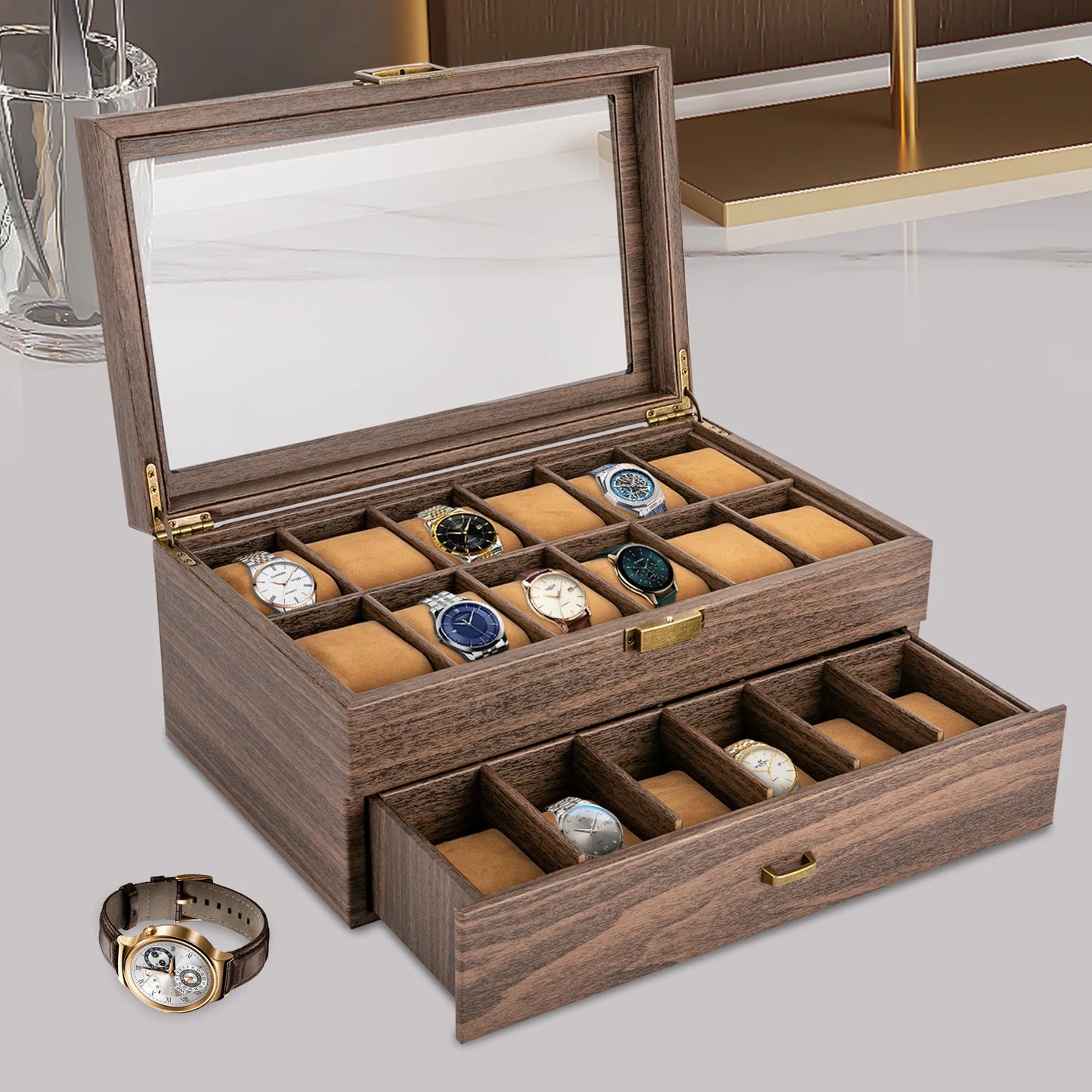 24-Bit Watch Box, 2-Tier Rustic Brown Watch Display Case with Glass Window, Tabletop Jewelry Storage Organizer for Men & Women