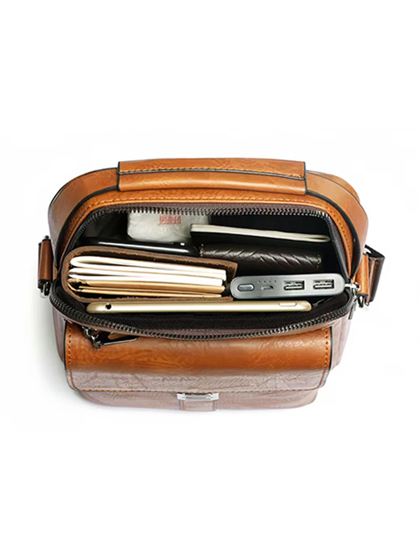 Men Multifunctional Leather Shoulder Bag Multi Pocket Crossbody Messenger Bag Business Travel Handbag with Top Handle Black
