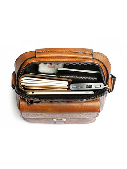 Men Multifunctional Leather Shoulder Bag Multi Pocket Crossbody Messenger Bag Business Travel Handbag with Top Handle Black