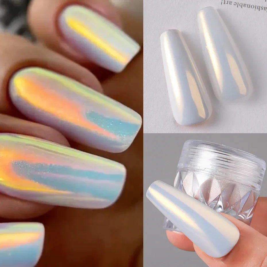 1 Box White Chrome Pearl Nail Powder Aurora Mirror Nail Art Powder Pigment Fairy Pink Effect Rubbing Glitter Nail Art Decoration