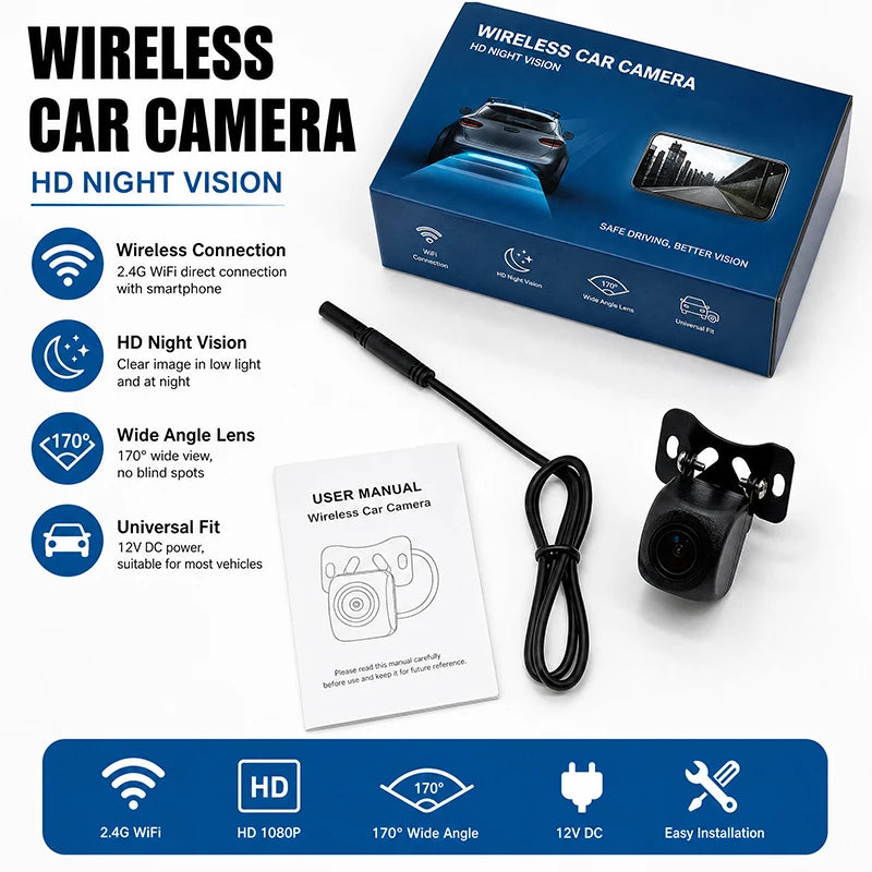 JISUIDA Car Rearview Camera Wifi HD 170-Degree Rearview Camera Wireless Waterproof Wifi Backup Camera 12V 24V Android iOS