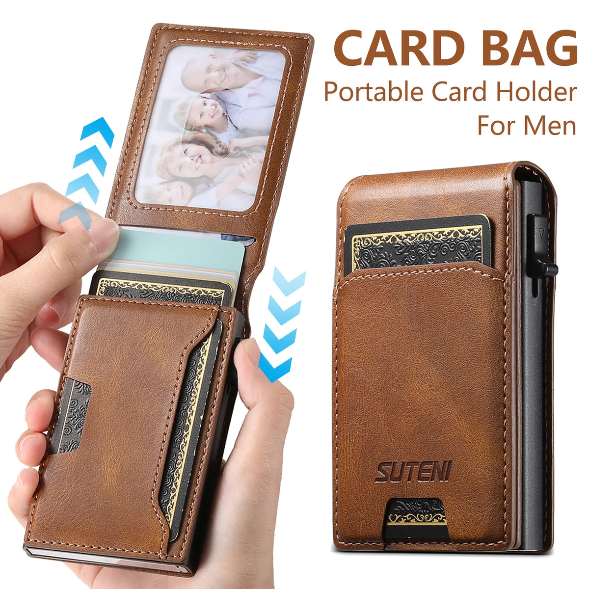 SUTENI PU Leather For Men Wallet Card Slot Wallet Flip Cover Card Box Pressing The Button Automatically Ejects The Card