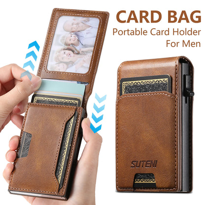 SUTENI PU Leather For Men Wallet Card Slot Wallet Flip Cover Card Box Pressing The Button Automatically Ejects The Card