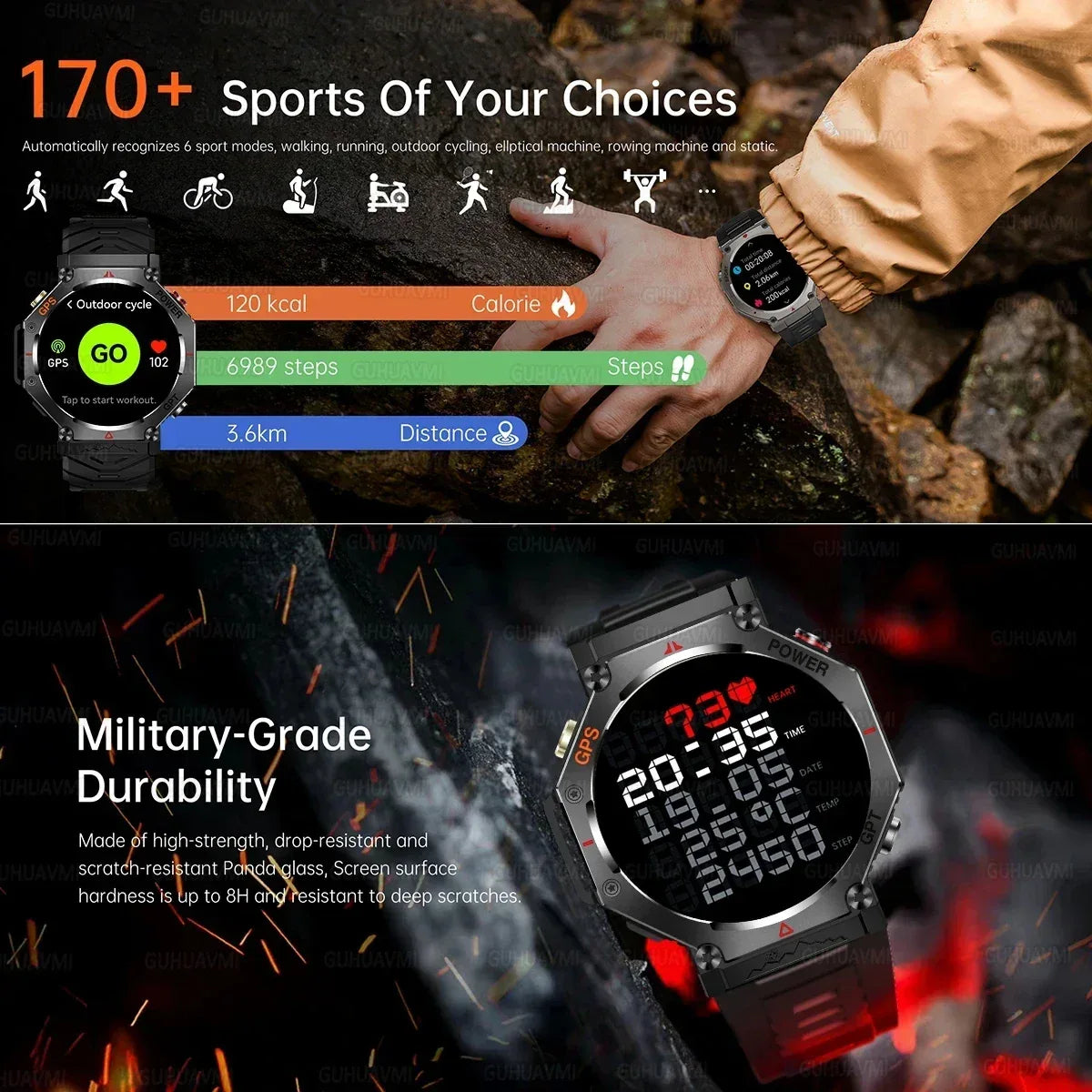 T-Rex 3 Ultra Military Grade GPS Smart Watch 10ATM Waterproof Compass Altimeter Barometric AMOLED Men HD Call Sports Smartwatch - Urbizia
