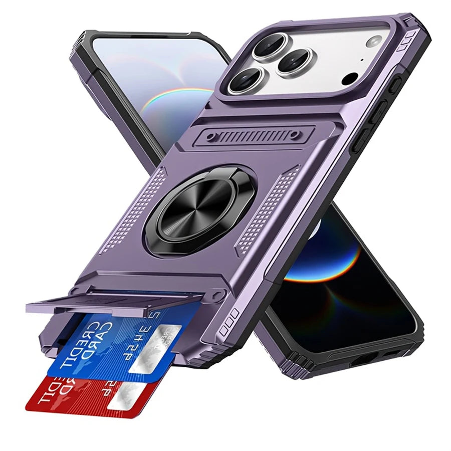 Rugged Armor Phone Case with Hidden Dual Card Slot & 360° Rotating Metal Ring Holder Kickstand, Shockproof Heavy-Duty Hard Shell with Raised Camera Protection, Compatible with iPhone 18/17 Pro Max/16/15/14/13/12/11/Plus/Aie