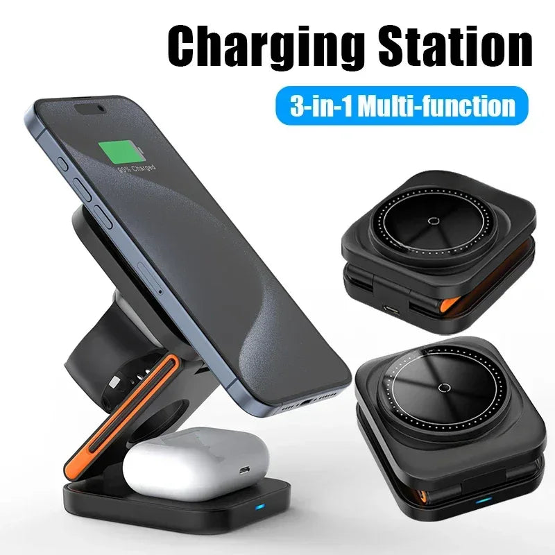 3 in 1 Foldable Charging Station Fast Magnetic Wireless Charger Stand for iPhone 17 16 15 14 13 12 Apple Watch 8 7 6 Airpods Pro - Urbizia