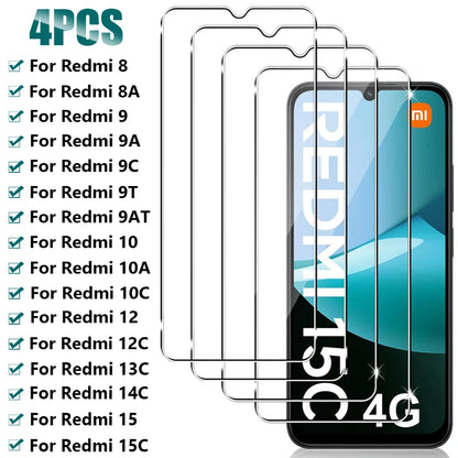 4PCS Full Tempered Glass For Xiaomi Redmi 13C 14C 15 15C 5G Screen Protector For Redmi 12 12C 10 10C 9 9C 9A 9T 9AT 8A 8 Glass