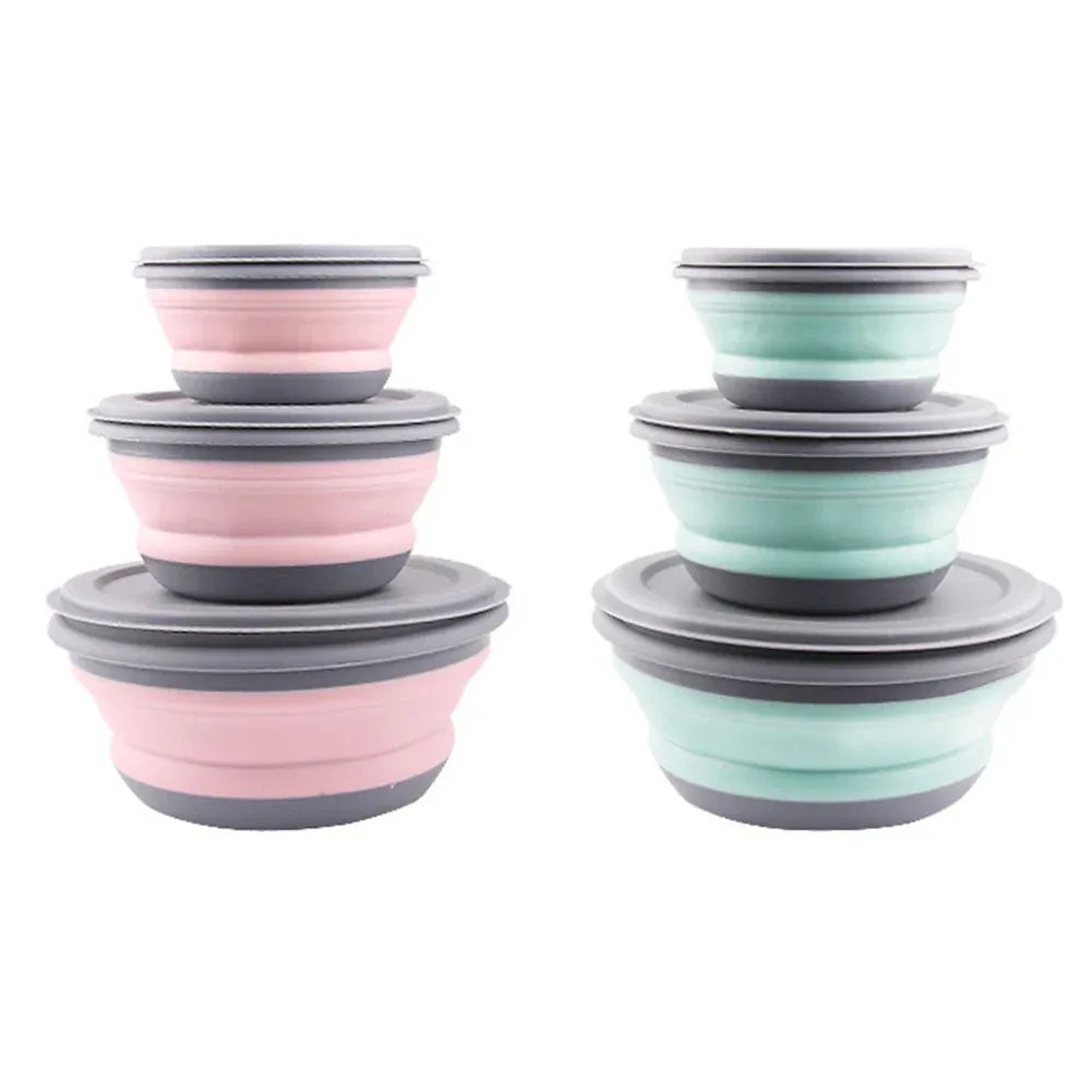 Portable Folding Lunch Box Bowl Sets Silicone 3Pcs/Set Food Container Outdoor Camping Tableware Set Foldable Salad Bowl with Lid