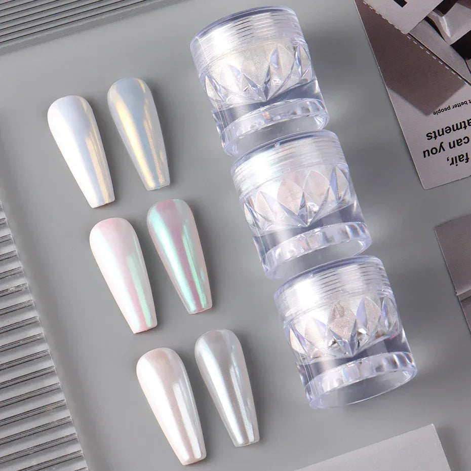 1 Box White Chrome Pearl Nail Powder Aurora Mirror Nail Art Powder Pigment Fairy Pink Effect Rubbing Glitter Nail Art Decoration