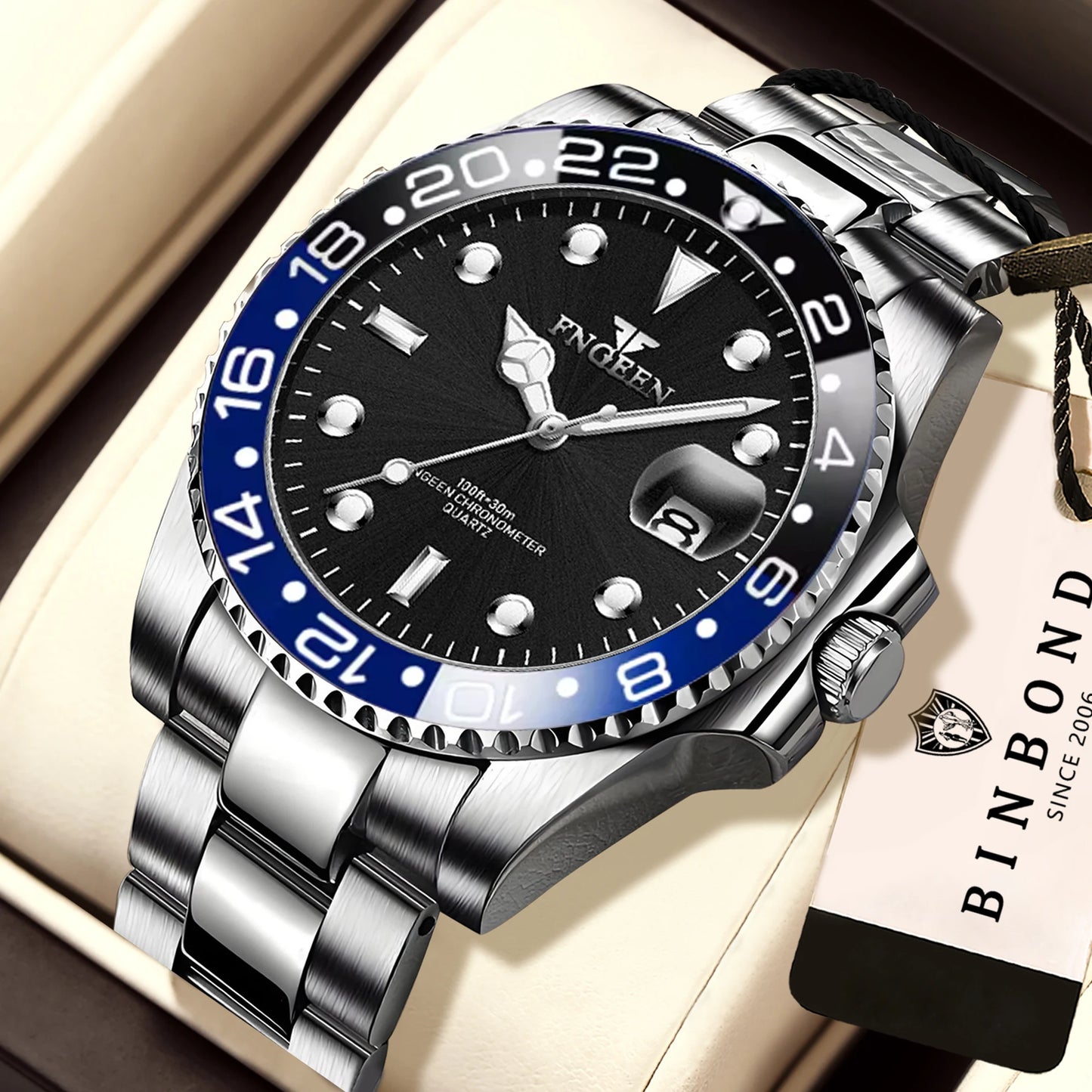 BINBOND Durable Stainless Steel Strap Precise Quartz Wristwatches for Men Luxury Luminous Waterproof Auto Date Men's Watch Reloj