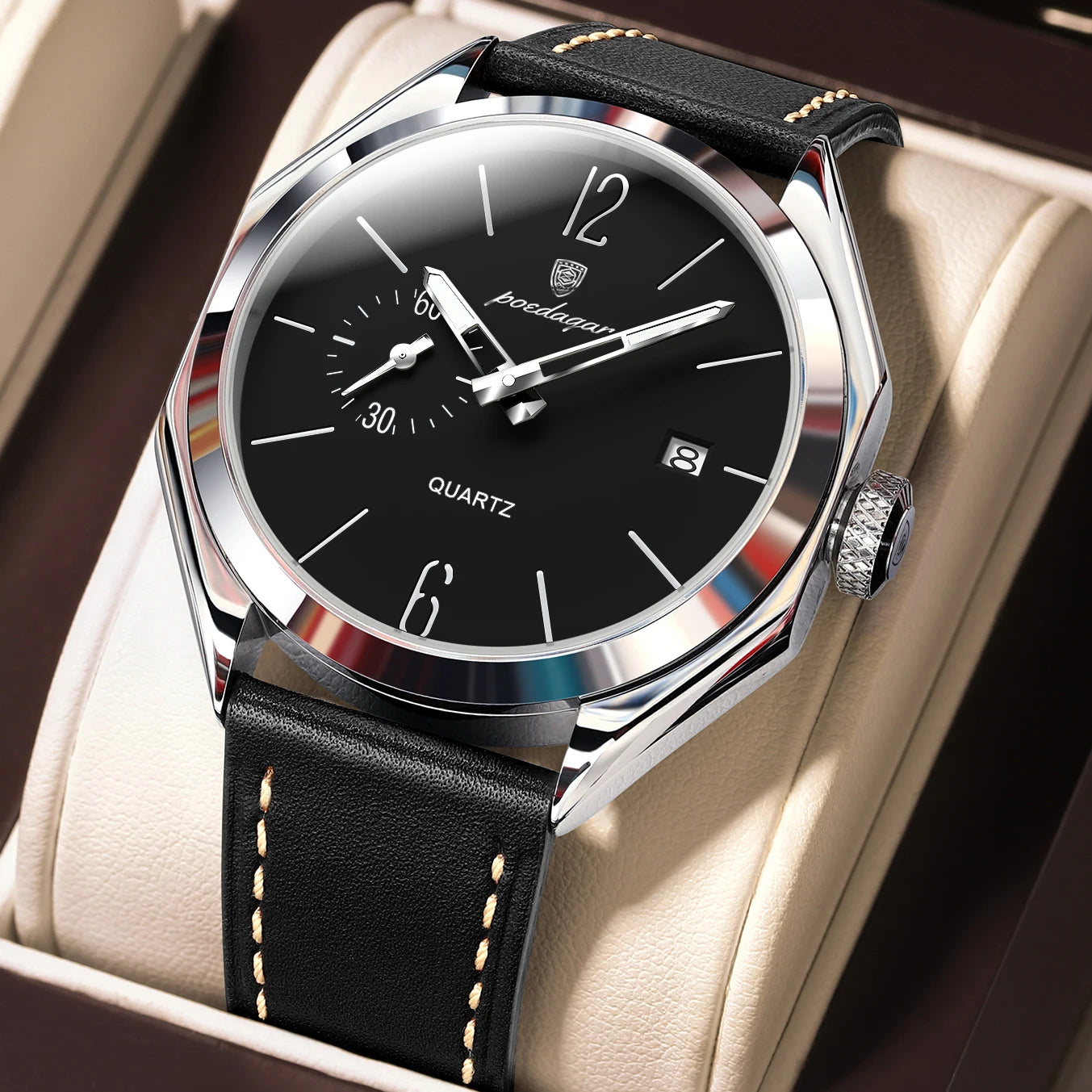 POEDAGAR Original Fashion Male Wristwatch Leather Quartz Business Men Watch Waterproof Luminous Date Elegant Men's Watches Reloj