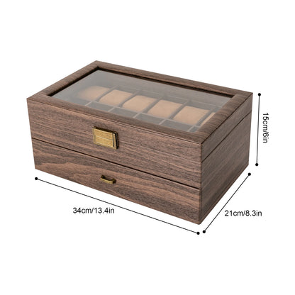 24-Bit Watch Box, 2-Tier Rustic Brown Watch Display Case with Glass Window, Tabletop Jewelry Storage Organizer for Men & Women
