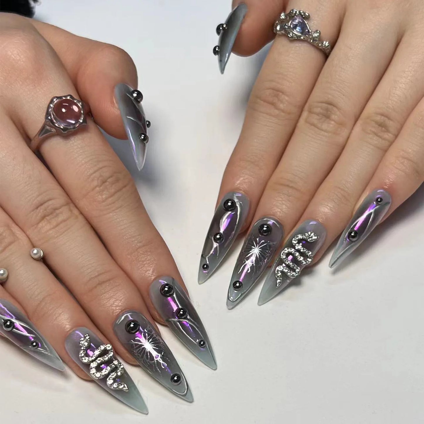 24Pcs Black Y2K Fake Nails with Diamond – Long Almond Butterfly Design Halloween Press-on Nails