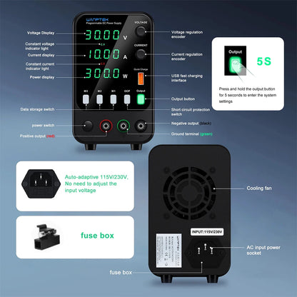 Wanptek Laboratory DC Power Supply 30V 10A 60V 5A 120V 3A with USB Fast Charging Adjustable Voltage Current Lab Power Supply