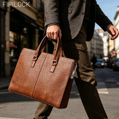 FIPILOCK Laptop Bag Leather Briefcases Hard For Men Luxury Handbags with Smart Fingerprint UnlocOffice Bussiness Computer Bag