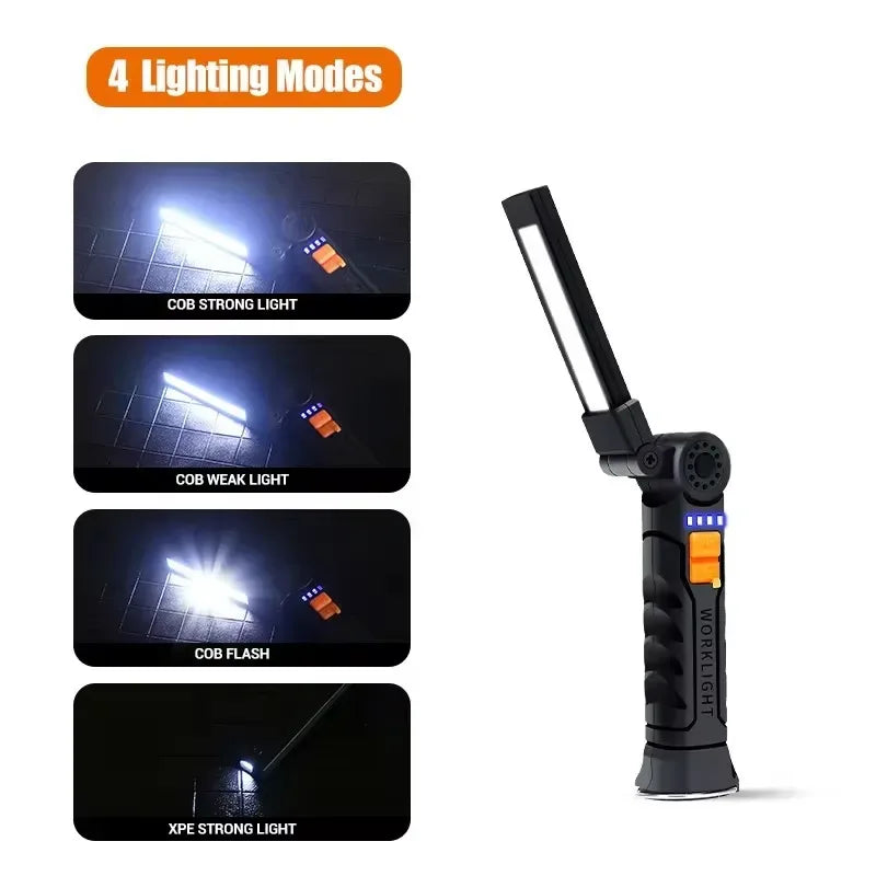 Folding COB XPE LED Work Light USB Rechargeable Portable Flashlight Magnetic Base Hook Car Repair Emergency Inspection Red SOS - Urbizia