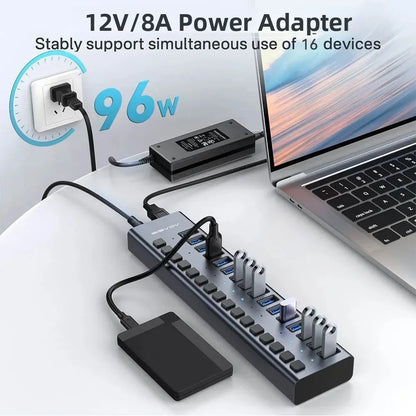 Acasis 16/10/7 Port USB Hub 10Gbps Individual Switch Charging Data Transfer for PC Laptop Workstation Multi Device Expansion