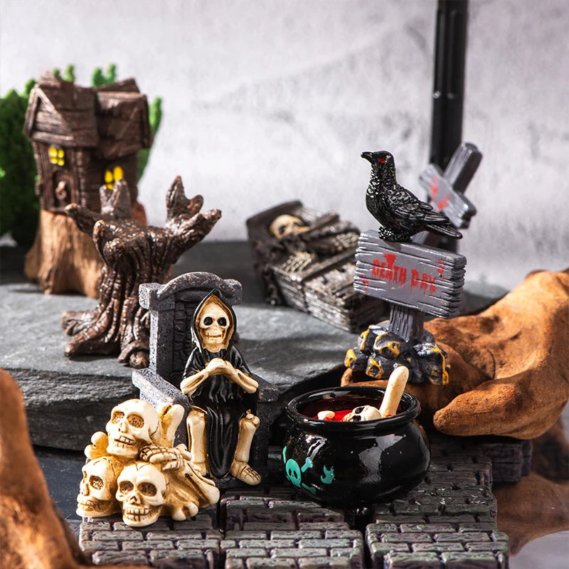 Miniature Halloween Resin Figurines – 3D Horror Raven, Tombstone, Ghost & Skull Ornaments