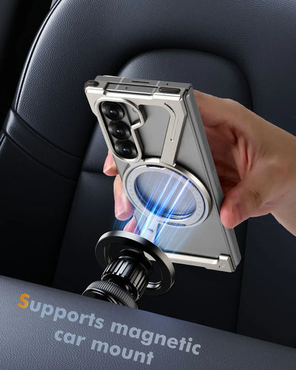 Oatsbasf Aluminium Z Case for Samsung Galaxy Z Fold 7 w/ 360°Rotating Magnetic Stand Frameless Phone Cover Shockproof Bumper