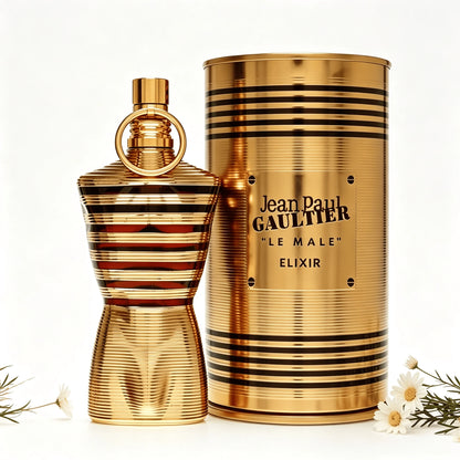 Jean Paul Gaultier Le Male Elixir EDP 125ML Perfume For Men Warm Vanilla Cardamom Woody Aroma Long Lasting Shiny Gold Metallic Striped Body Bottle With Gold Ring Cap Complete Gold Tin Box Dating Anniversary Present