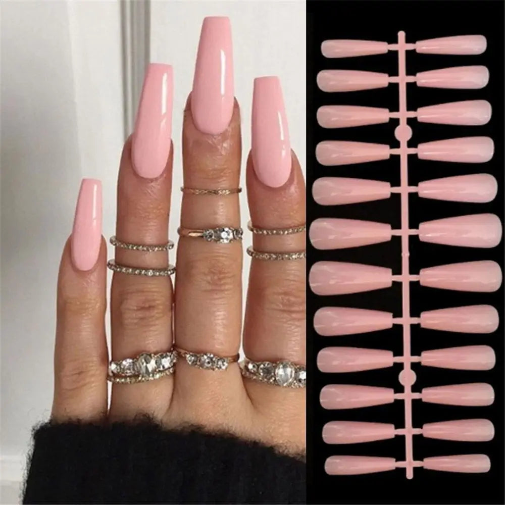 24Pcs Long Almond Fake Nails – Detachable French Ballet Halloween Press-on Full Cover Nail Tips