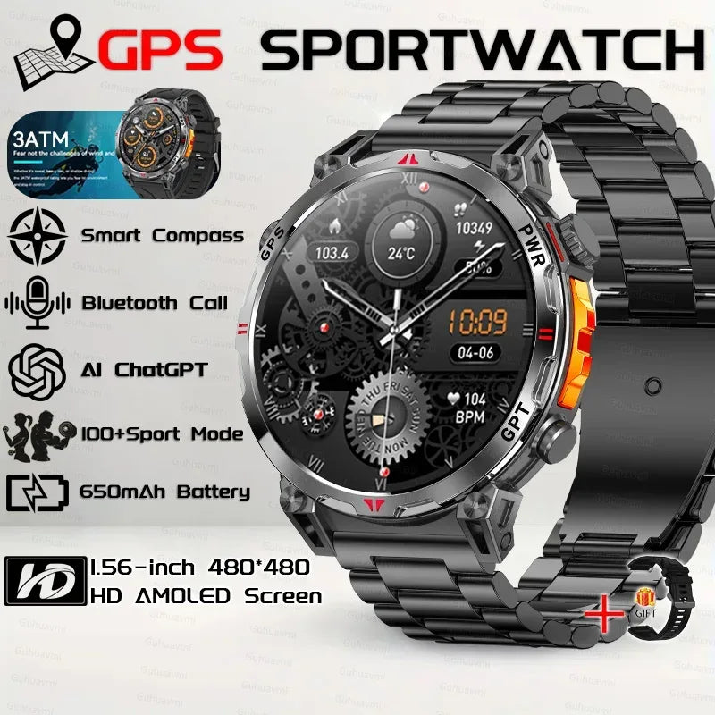 Military Grade Smart Watch Men GPS Compass Altimeter Clock 1.56" AMOLED 5ATM Waterproof Sport Fitness Tracker BT Call Smartwatch - Urbizia