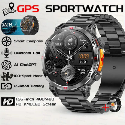 Military Grade Smart Watch Men GPS Compass Altimeter Clock 1.56" AMOLED 5ATM Waterproof Sport Fitness Tracker BT Call Smartwatch - Urbizia