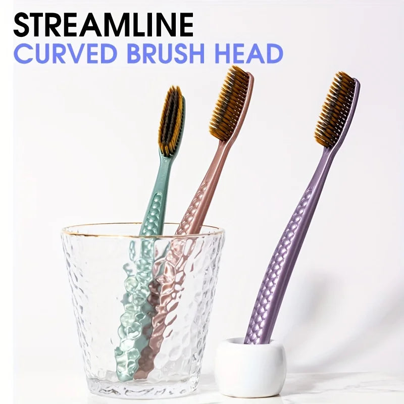 soft hair toothbrush 5pcs bag with curved extended brush head for deep oral cleaning in 5 colors for adults,