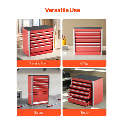 SucceBuy 5-Drawer 8.6in Metal Tool Box Red/Black Portable Small Tool Chest with PP Feet Pads for Garage Workshop Tools Storage