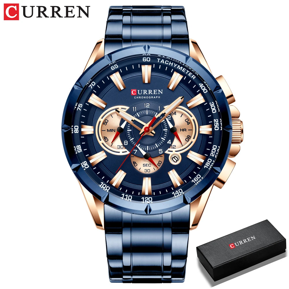 CURREN 8363 Casual Sport Chronograph Men's Watches Stainless Steel Band Wristwatch Big Dial Quartz Clock with Luminous Pointers