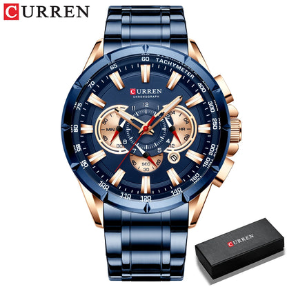 CURREN 8363 Casual Sport Chronograph Men's Watches Stainless Steel Band Wristwatch Big Dial Quartz Clock with Luminous Pointers