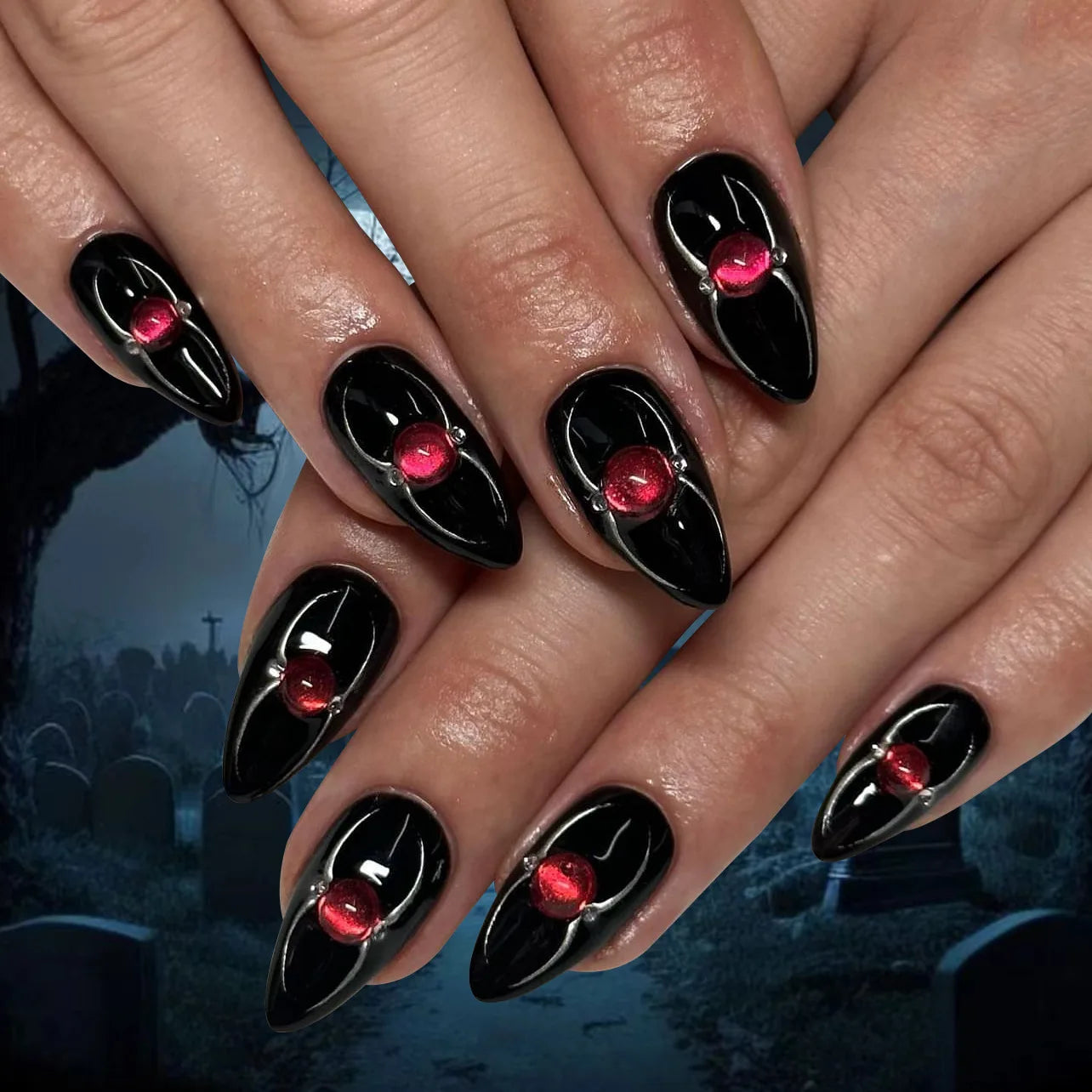 24pcs Halloween Press-On Nails – Gothic Punk 3D Spider Skull Design, Black Y2K Coffin French Fake Nails